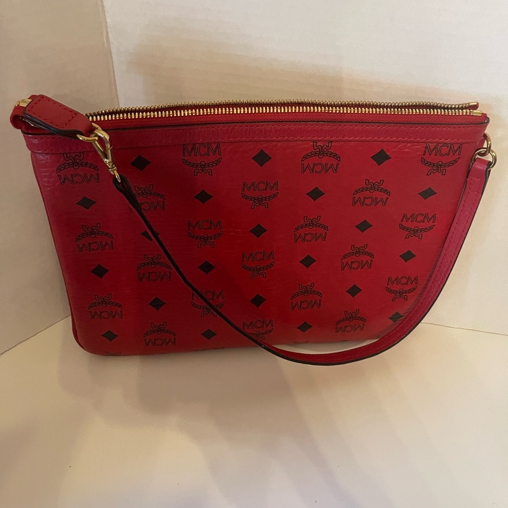MCM Red Leather Wristlet with Black Logo